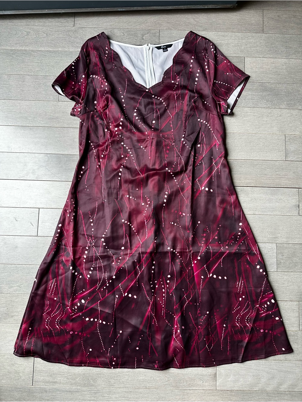 Women’s Shall We Maroon Geometric A Line Short Sleeve Scallop Neck Line Dress XL